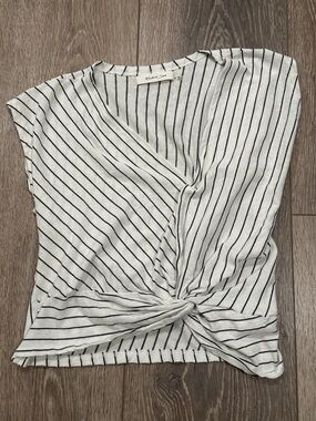 Mustard Seed White and Black Striped Knot-Front Crop Top